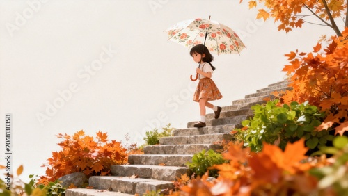 Girl with umbrella on autumn stairs