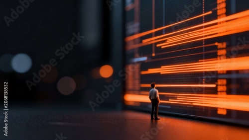 Small figure observing glowing data lines