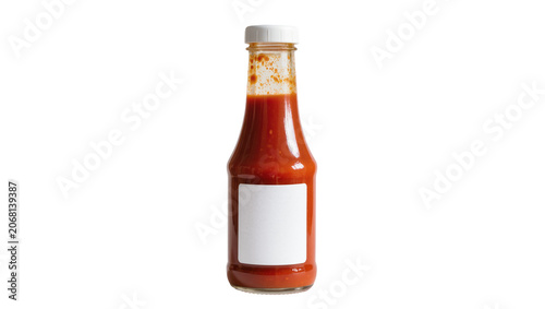 Foto Isolated glass bottle of red chili sauce or ketchup condiment with blank label a