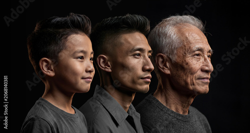 Side view profile of three generations of Chinese men