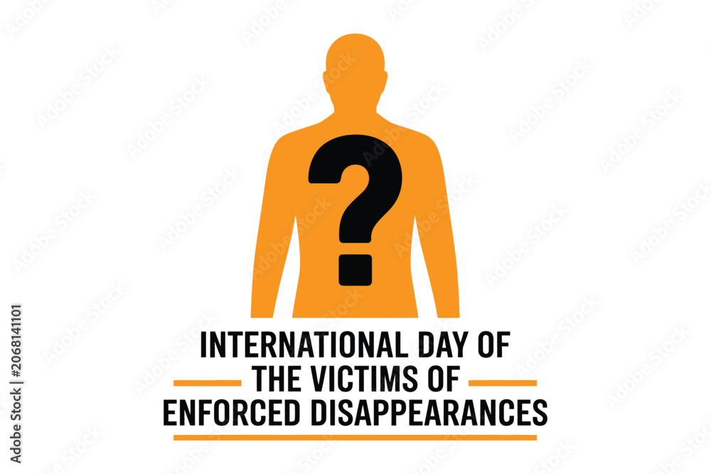 Fototapeta premium International day of the victims of enforced disappearances, conceptual illustration with orange human silhouette and black question mark isolated on white background