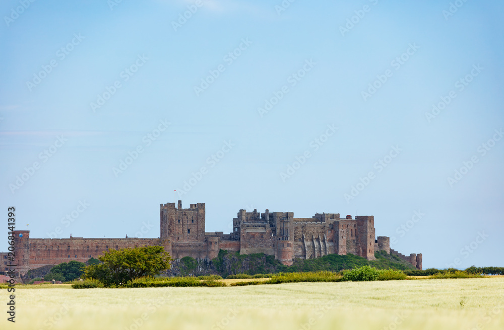 Obraz premium Historic Bambourgh castle walls on summer meadow, United Kingdom