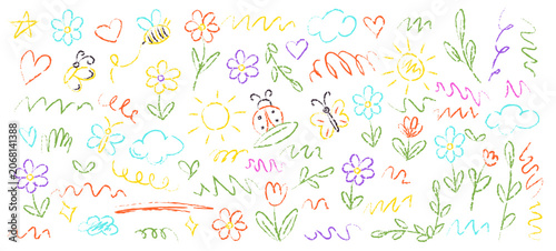 Crayon Childish Naive Hand Drawn Spring Flowers and Insects Drawings