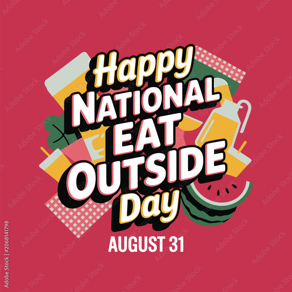 Obraz premium Happy national eat outside day august 31 vector illustration with picnic food, drinks, and watermelon