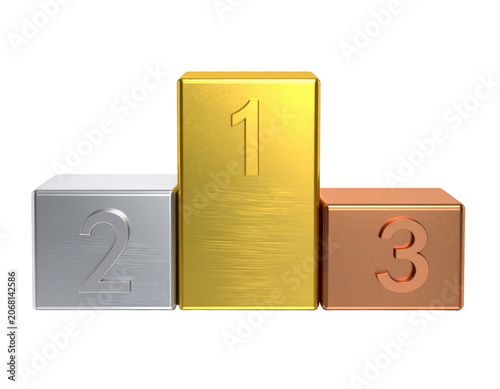 Metallic podium blocks numbered 1 gold, 2 silver, and 3 bronze for awards