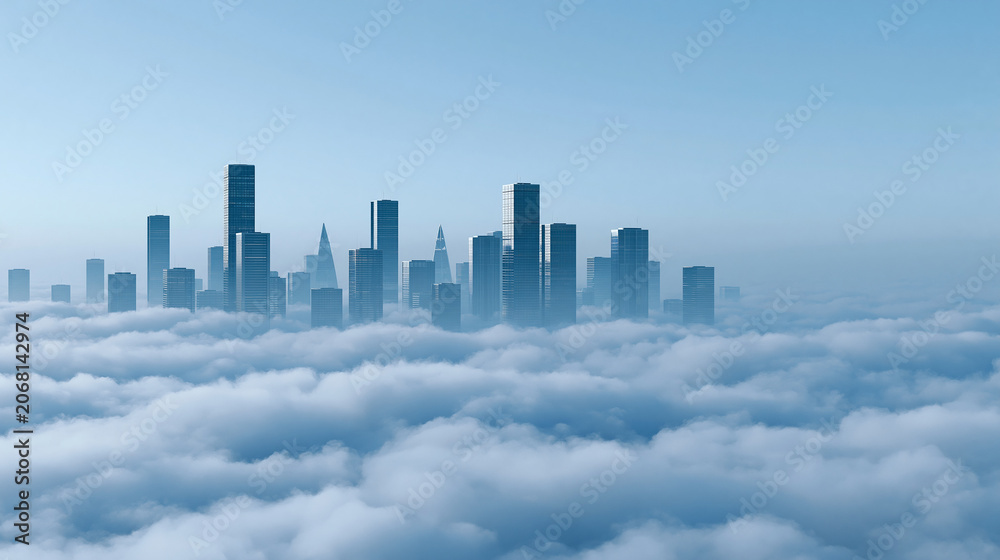 Fototapeta premium Futuristic city with skyscrapers floating in the clouds, aerial fantasy cityscape concept, with copy space