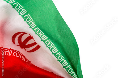 Iranian flag waving in the wind isolated on white background with copy space.