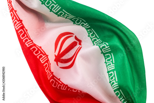 Iranian flag waving in the wind isolated on white background with copy space.