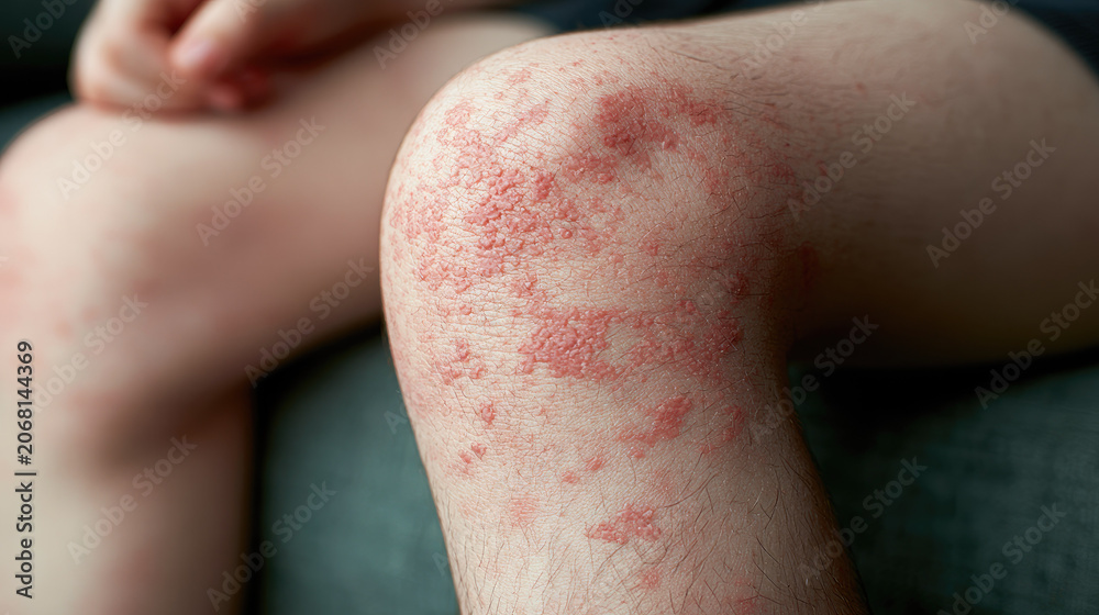 Fototapeta premium Young leg skin rash dry eczema patch red skin flare close up medical condition texture detail copy space natural light pale skin