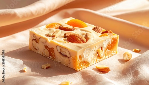 Delicious Apricot Almond Nougat Square with Visible Nut Pieces and Dried Fruit Sprinkled on a Silken Background