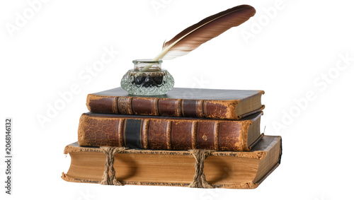 Foto Isolated stack of antique leather books with quill pen and inkwell representing
