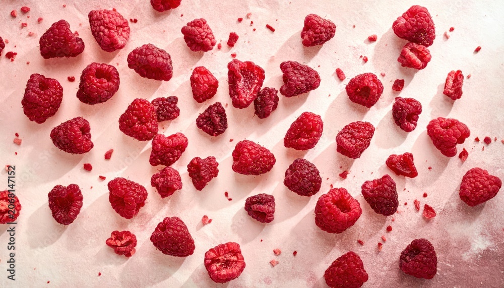 Fototapeta premium Dried Raspberry Pieces with Intricate Structure and Vivid Red Hues Scattered Across a Textured Surface