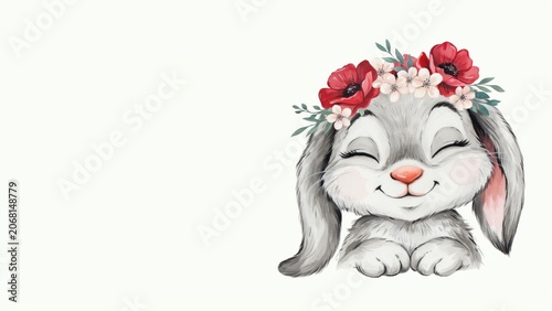 A smiling gray bunny with eyes squeezed shut with joy and a magnificent wreath of red poppies on his head. A photo with a place for the text.