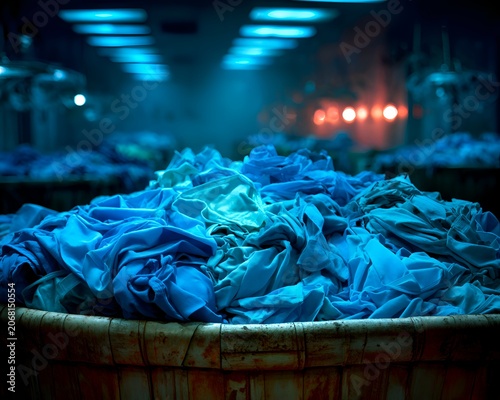 Large pile of blue textiles in a dimly lit industrial setting with atmospheric lighting and machinery in the background