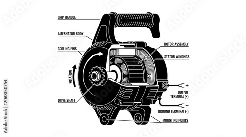 Alternator cross-section diagram showing internal motor components.