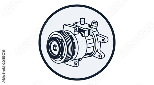 Automotive air conditioning compressor icon in circular frame.