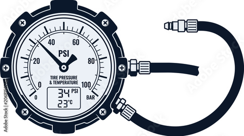 Analog tire pressure gauge with hose illustration.