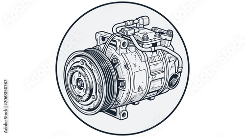 Automotive air conditioning compressor technical drawing on white background.