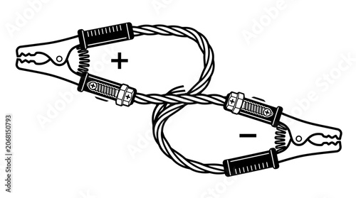 Automotive battery booster jumper cables with clamps.