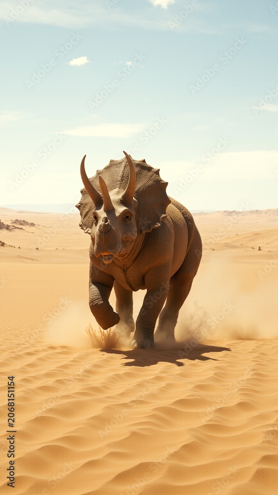 Fototapeta premium Triceratops Sprinting Through Golden Desert Dunes