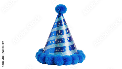 Fotografía Isolated festive blue party hat with sparkling silver stars and fluffy pom-pom d