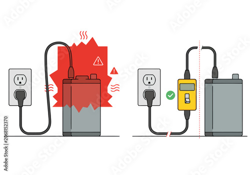 Quadro su tela Illustrative graphic comparing unsafe overnight current delivery with a smart, monitored system