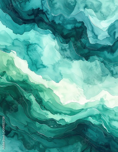 Abstract fluid watercolor texture in emerald green and teal shades featuring marbled swirls for elegant backgrounds or stationery design
