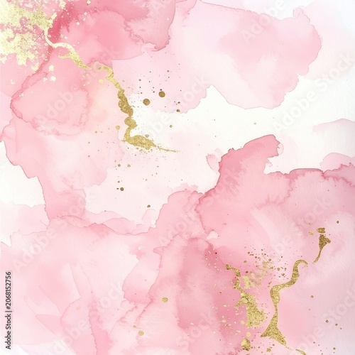 Abstract soft pink watercolor wash with sparkling gold leaf veins, luxurious liquid texture for wedding stationery background