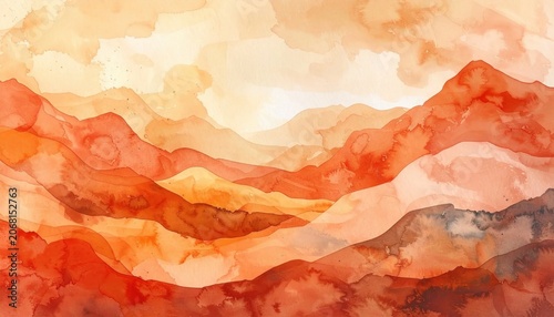 Abstract watercolor landscape in shades of orange and red, layered mountain ranges, textured wash, perfect for print or background