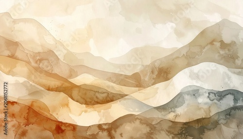 Abstract watercolor landscape with flowing mountain layers in warm neutral earthy tones, perfect for modern home decor, wall art, and stationery