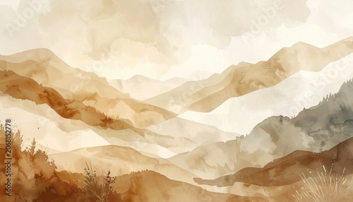 Abstract watercolor landscape with soft earthy brown tones, flowing mountain layers, calm serene atmosphere, perfect for wall decor and backgrounds