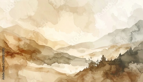 Watercolor landscape painting with soft brown earth tones, peaceful mountain scenery, textured paper effect for tranquil home decor