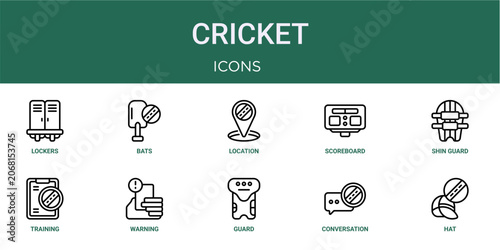 Tableau sur toile Set of 10 thin line Cricket icons for dashboards, websites and mobile app layouts