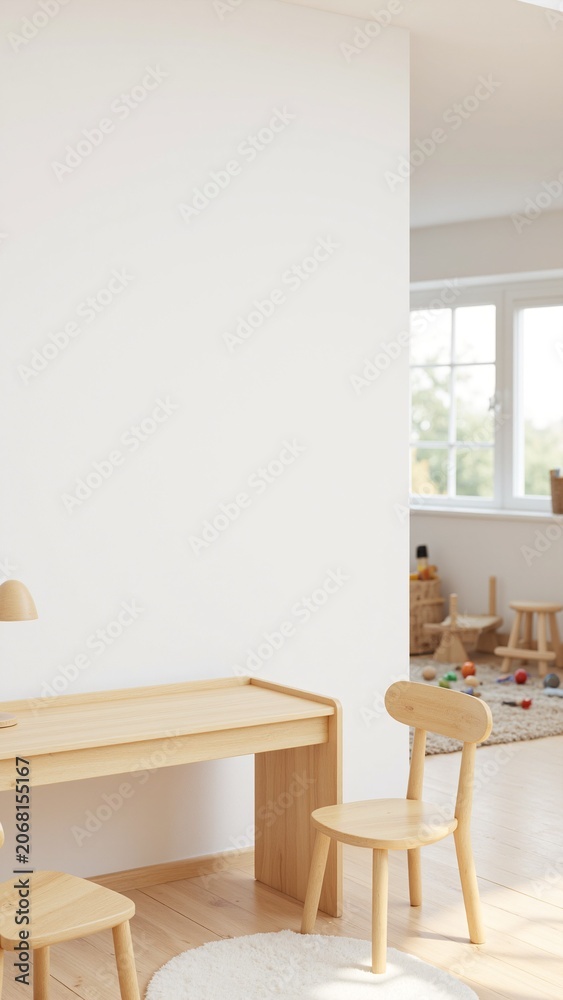 Fototapeta premium Minimalist Children's Playroom Mockup with Natural Wooden Desk on Blank Wall
