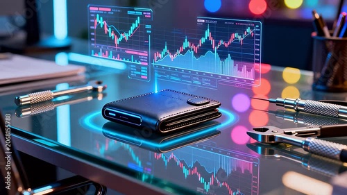 Wallet and financial charts on desk