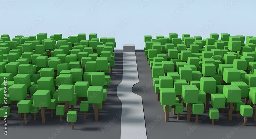 Fototapeta premium Abstract low poly landscape of green modular block trees with a winding path road