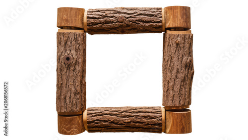 Tableau sur toile Isolated handcrafted wooden frame made from rustic logs and smooth timber sections, natural design