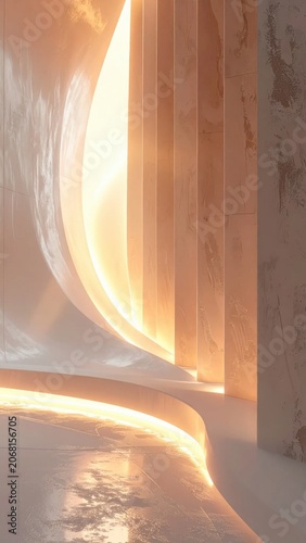 Abstract architectural interior with concrete pillars and glowing warm light, futuristic tunnel atmosphere, modern building design, cinematic lighting, textured surfaces