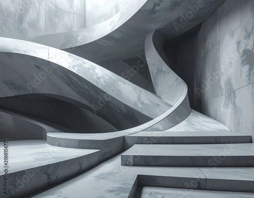 Abstract architectural interior with swirling smooth concrete curves, modern building structure, geometric shapes, industrial design backdrop for product display