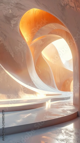 Abstract architectural interior with flowing curved walls, soft golden lighting, warm atmosphere, futuristic design, ethereal space, dreamlike serene environment