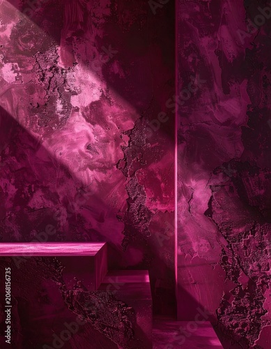 Abstract dark pink concrete wall with rough weathered texture, deep magenta shadows, harsh light beam, urban grunge backdrop