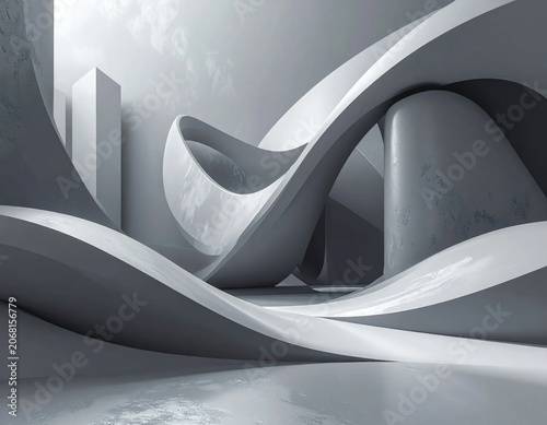 Abstract smooth architectural curves in monochromatic grey, futuristic interior design, flowing shapes, modern 3d render background