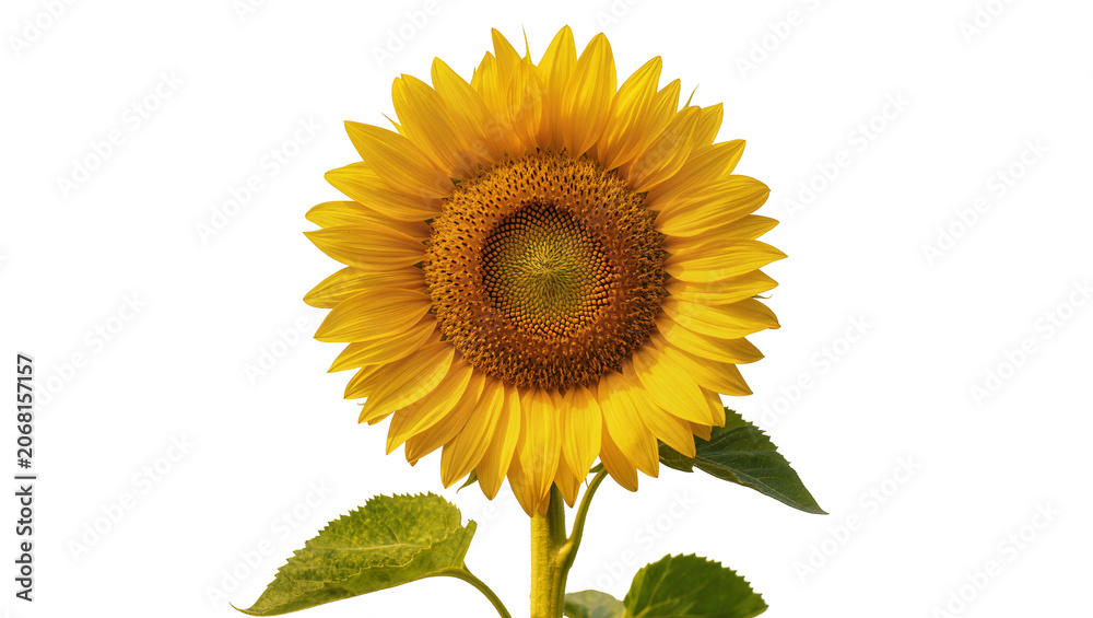 Obraz premium Isolated healthy sunflower in full bloom, showcasing its bright yellow petals and green foliage.