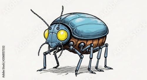 Valokuva Mechanical beetle with blue shell and yellow eyes on a white background