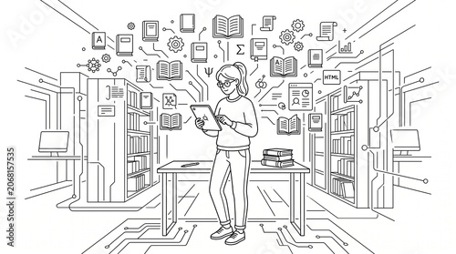 Digital Education and E-Learning Concept, Girl Using Tablet in Library with Floating Knowledge Icons, Line Art Illustration Isolated on White Background