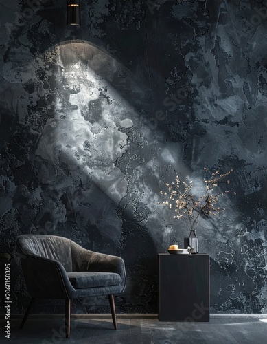 Modern dark interior with textured charcoal wall, velvet armchair and decorative branch, moody lighting