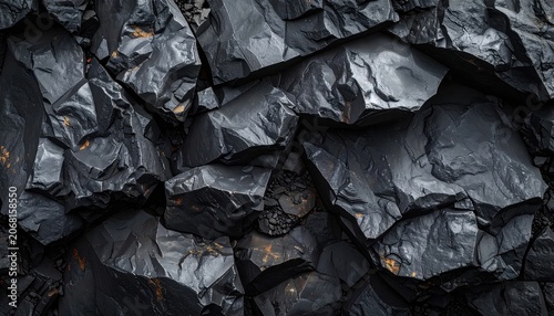 Raw black coal chunks closeup with sharp edges and textured surface, dark industrial background for energy or mining themes