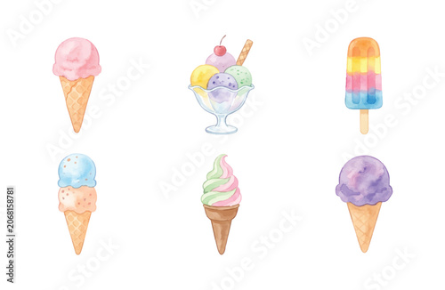 Watercolor summer ice cream icons collection on white background