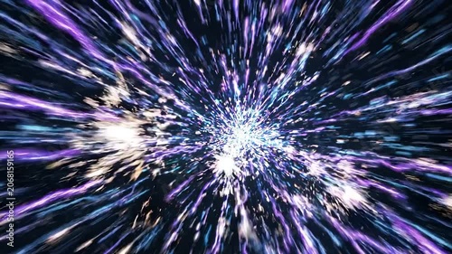 Abstract Hyperspace Warp Speed Tunnel with Electric Lightning Bolts and Glowing Particles, Fast Motion Zoom through Cosmic Energy Portal