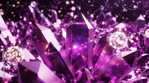 Shimmering Purple Amethyst Crystals Glowing with Magical Energy Particles, Macro 3D Render